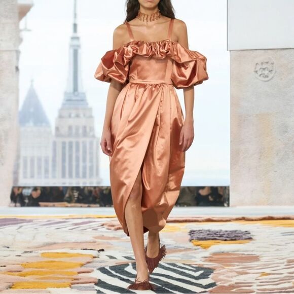 Ulla Johnson Metalic Satin Midi Dress 00 Copper Tulip Hem Off Shoulder New Money - Picture 1 of 16